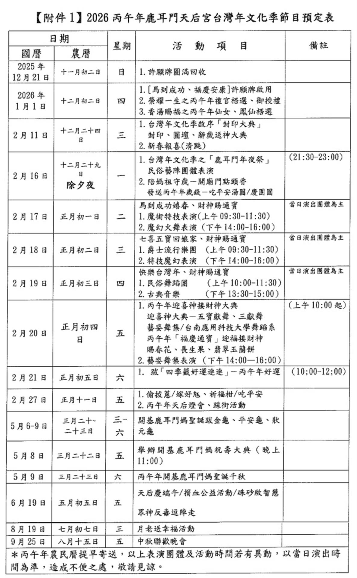 【廠協會敦親睦鄰通知】115.01.01~03.03 鹿耳門天后宮「2026丙午年台灣年文化季活動」